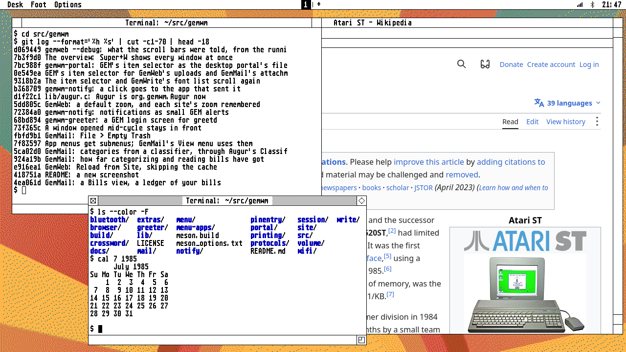 The GemWM desktop: the menu bar, and a terminal and GemWeb in GEM windows on the dithered sunburst desktop