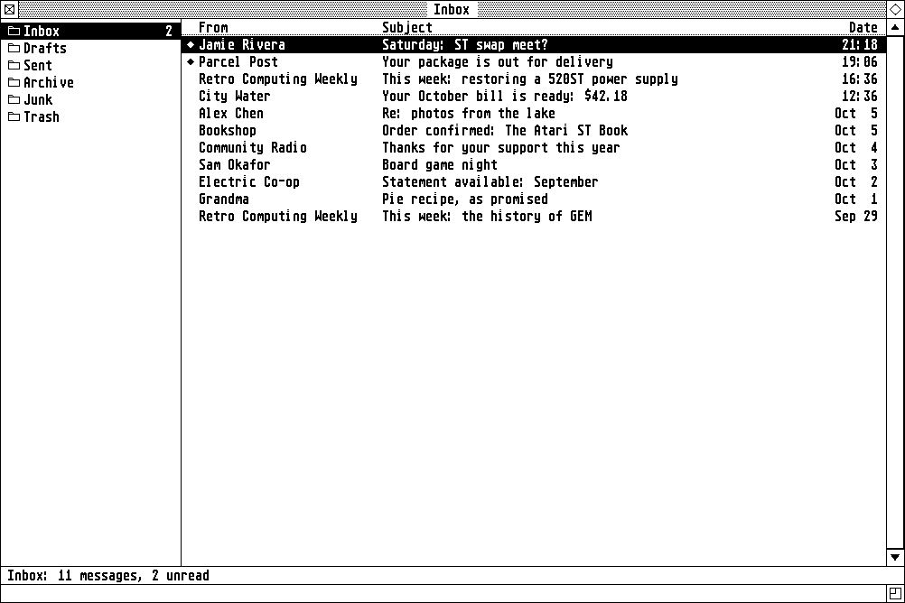 GemMail: folders on the left, an inbox of messages in the main pane