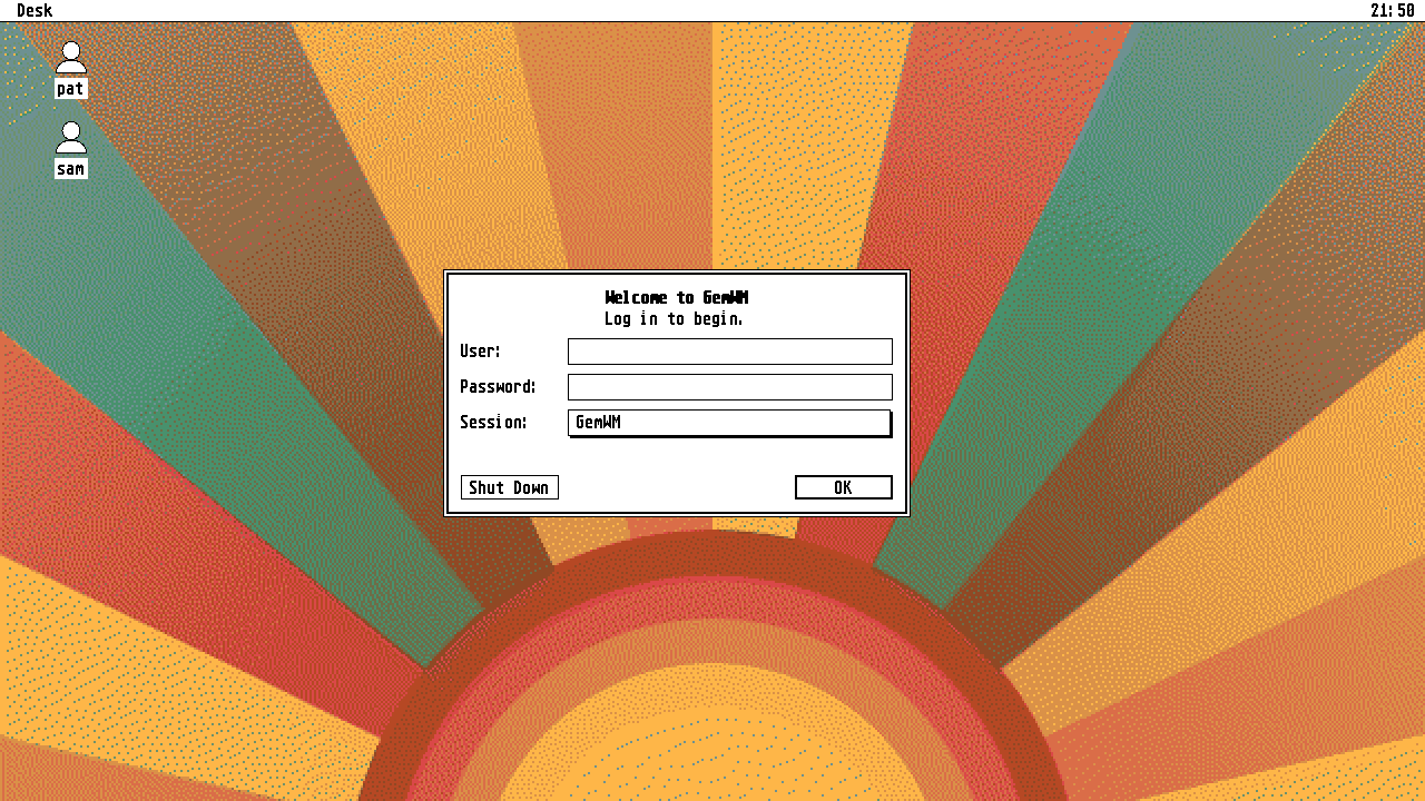 The login screen: a person icon on the desktop, and the GEM dialog asking for the password and session