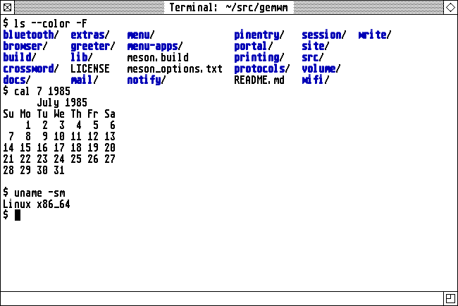 The GemWM terminal, light theme, black on white in the ST font
